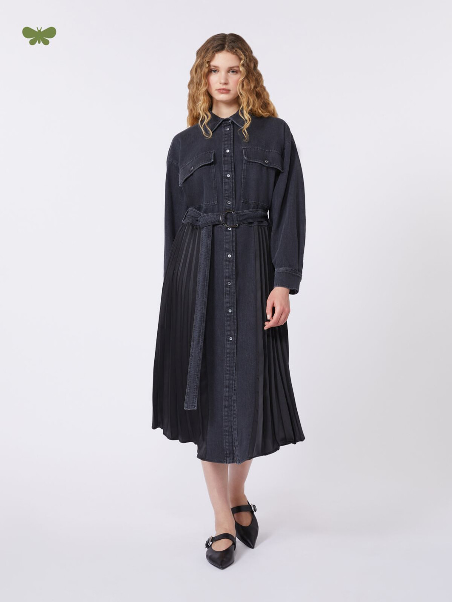 denim and satin shirt dress - black