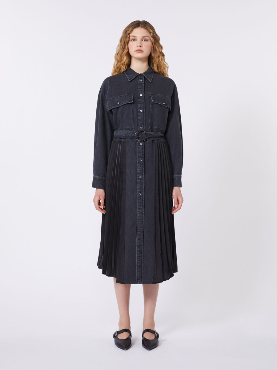 denim and satin shirt dress - black