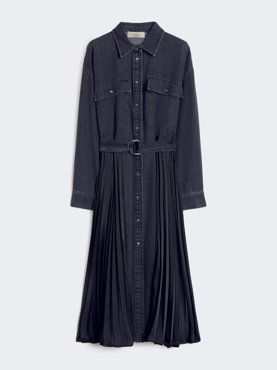 denim and satin shirt dress - black